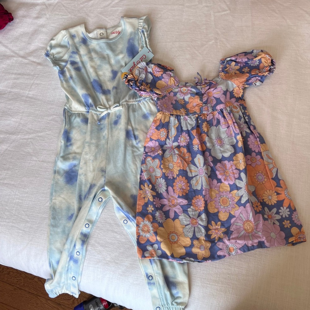 Cat‎ & Jack Romper Dress Set Floral Tie Dye Puff Sleeve 3T